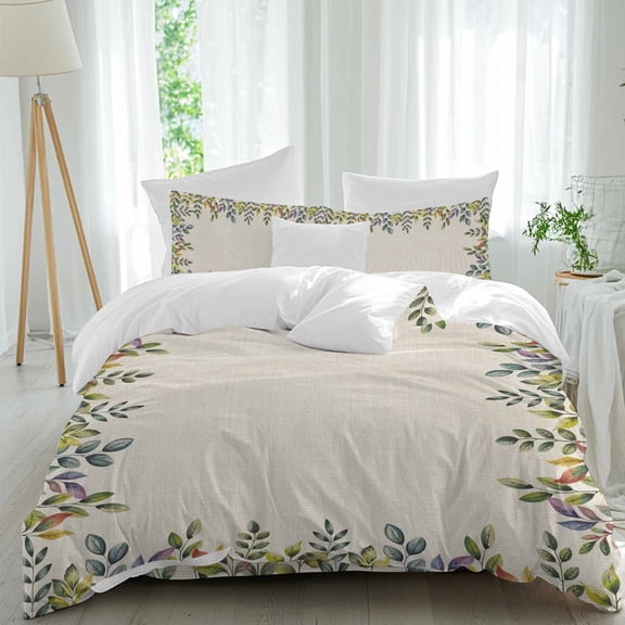 Colorful Leaf Queen Size Comforter Set, Watercolor Pastoral Vintage Linen Texture Bedding for All Seasons, 4 Pcs Bed Set, 1Quiltcover (90"x92") ,1Sheet(94"x116"), 2Pillowcases (30"x20")