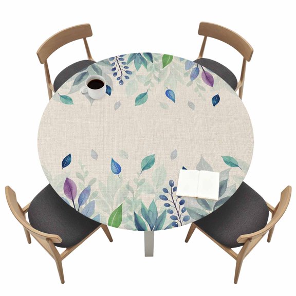 Colorful Leaf Round Fitted Tablecloth Pastoral Plant Watercolor Vintage Linen Waterproof Elastic Stretch Table Cover for 45"-54" Round Table, Oil Proof Tablecloth for Picnic Party Dinner