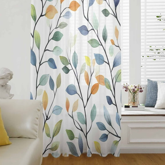 Colorful Leaf Semi Sheer Curtains Drapes for Living Room, Bedroom, French Doors Window 96 Inches Long, Summer Botanical Pastoral Spring Rod Pocket Chiffon Curtain Drapery Voile Draperies Panel