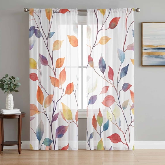 Colorful Leaf Sheer Curtains 108 Inch Length 2 Panels Set, Spring Summer Botanical Retro Voile Window Treatment Semi Sheer Long Curtains Drapes for Bedroom/Living Room/Kitchen 52"x108"x2
