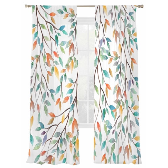 Colorful Leaf Sheer Curtains 2 Panels Set Spring Watercolor Orange Green Leaf Branch Sheer Window Curtains Light Filtering Rod Pocket Voile Drapes for Bedroom Living Room 52"X96"