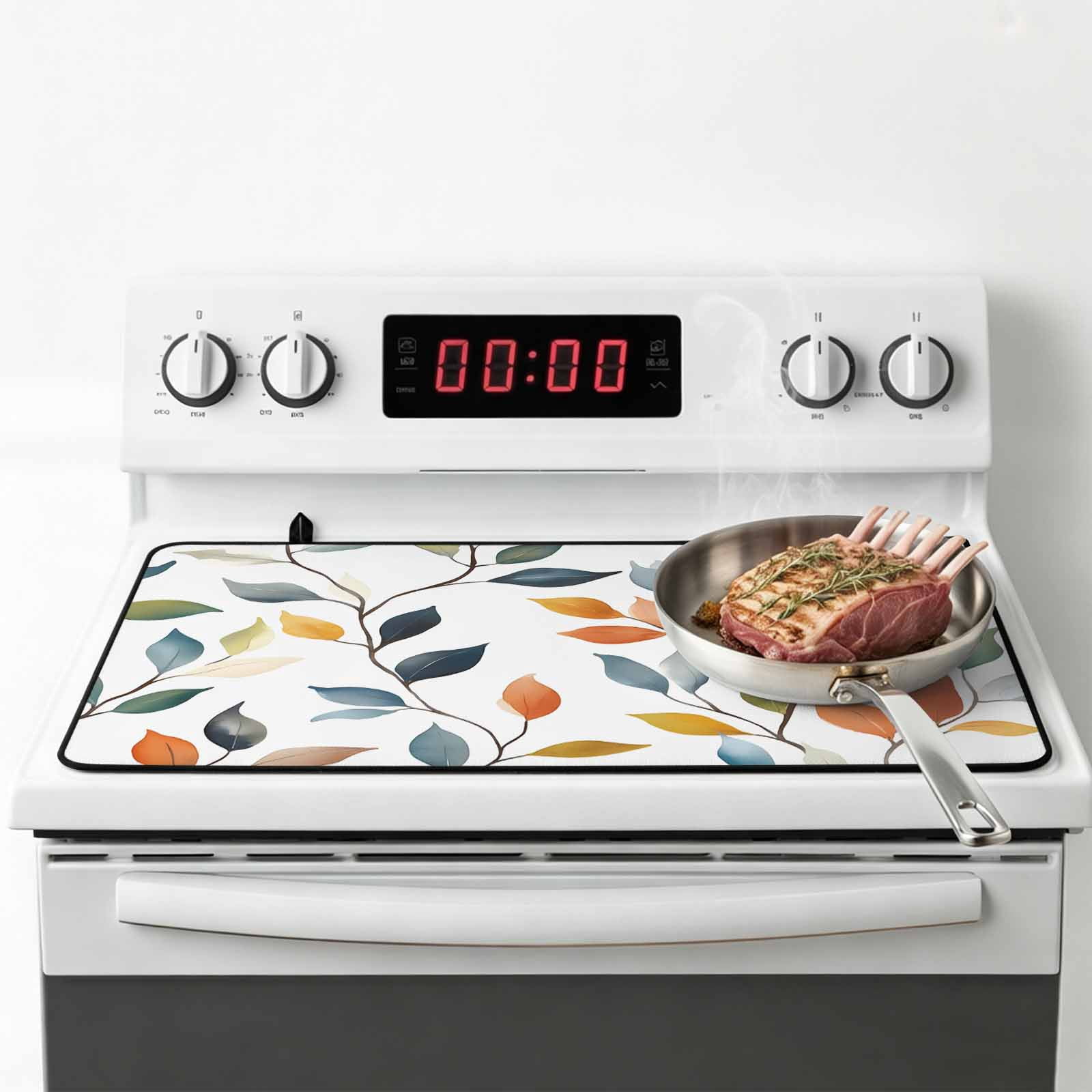 Colorful Leaf Stove Top Cover for Electric Stove, Heat-proof & Non Slip Glass Top Stove Cover Protector, Pastoral Botanical Summer Spring Kitchen Flat Cooktop Rubber Mat 24x21 Inches