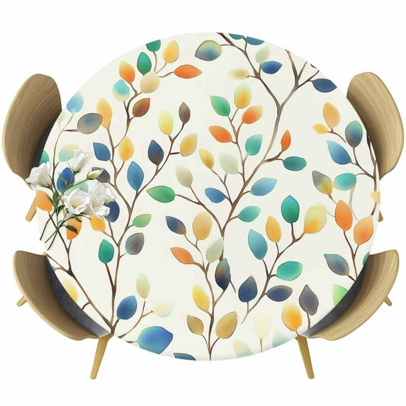 Colorful Leaf Table Cloth, Round Fitted Tablecloths with Elastic Edge, Spring Vintage Botanical Summer Wipeable Waterproof Table Cover for Kitchen Wedding 36-44 Inches