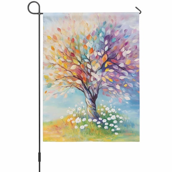 Colorful Leaf Tree House Flags For Outdoor, White Daisy Flower Gradient Purple Grassland Small Double Side Yard Flags Weather Proof House Decor for Lawn Outside Holiday 28 x 40 Inches