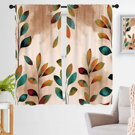 Colorful Leaf Window Curtain Floral Boho Botanical Vintage Watercolor Artistic Modern Rod Pocket 42" W x 63" L Curtains for Living Room Bedroom Bathroom Set of 2 Panels Rod Pocket Drapes