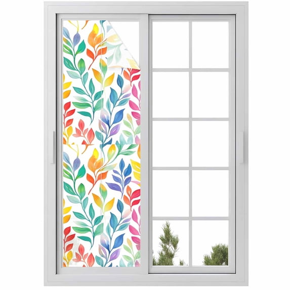 Colorful Leaf Window Privacy Film, Spring Watercolor Leaf Frosted Glass ...