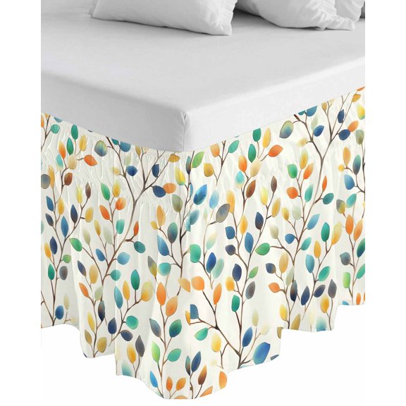Colorful Leaf Wrap Around Bed Skirts for Queen Bed 16" Drop, Bed Skirt with Adjustable Elastic Belt Dust Ruffle Bed Valance for Bedroom Hotel Luxury Spring Vintage Botanical Summer Bed Frame Cover