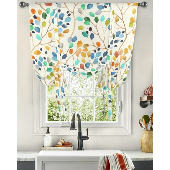 Colorful Leaves Abstract Window Curtain for Living Room Roman Curtains for Kitchen Cafe Tie Up Short Drapes