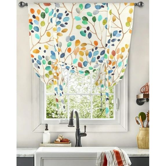 Colorful Leaves Abstract Window Curtain for Living Room Roman Curtains for Kitchen Cafe Tie Up Short Drapes