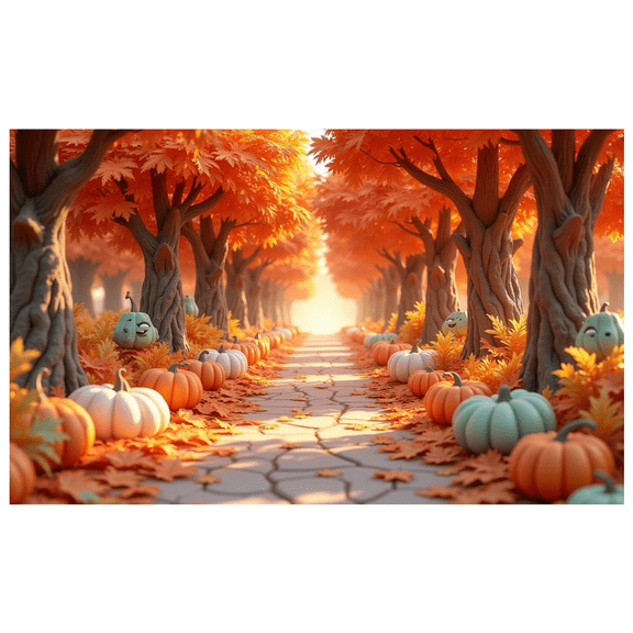 Colorful Leaves Autumn Banner Decorative Pathway Pumpkins Fall Forest for Thanksgiving Halloween Outdoor Event