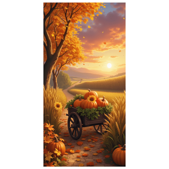 Colorful Leaves Autumn Road Pumpkin Cart Banner for Thanksgiving Celebration Fall Decor Harvest Festival
