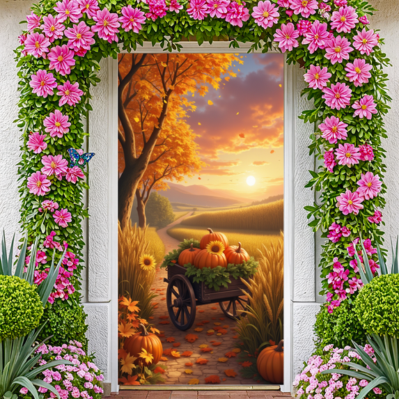 Colorful Leaves Autumn Road Pumpkin Cart Banner for Thanksgiving Celebration Fall Decor Harvest Festival