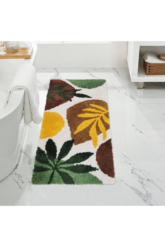 Colorful Leaves Bathroom Rug Abstract Boho Plant Long Bath Mat Non Slip Water Absorben Bath Rug Soft Microfiber Washable Floor Cute Mats for Tub Bathroom Sink 20"x39"(Green)