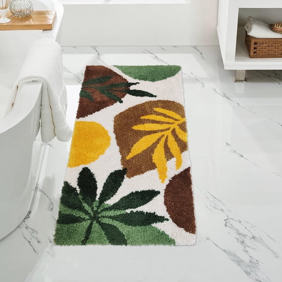 Colorful Leaves Bathroom Rug Abstract Boho Plant Long Bath Mat Non Slip Water Absorben Bath Rug Soft Microfiber Washable Floor Cute Mats for Tub Bathroom Sink 20"x39"(Green)
