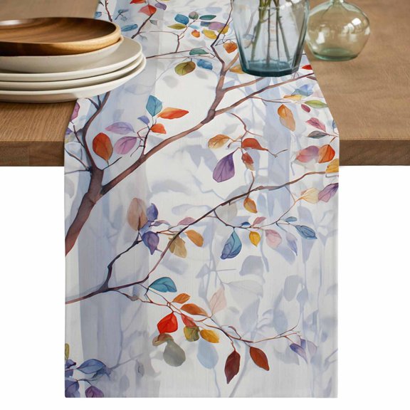 Colorful Leaves Cotton Linen Table Runner for Dining Kitchen, Modern Abstract Spring Nature Tree Branch Wedding Outdoor Party Tablerunners, Dresser Scarf Coffee Tablecloth Runners 13x36 Inches