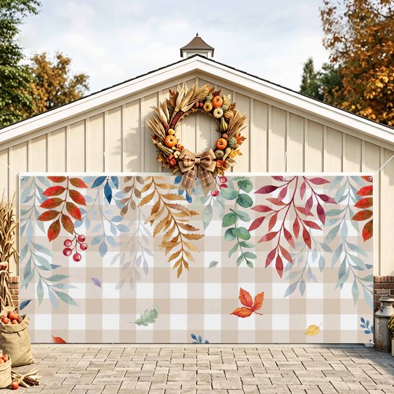 Colorful Leaves Fall Garage Door Banner 6.9x8 Ft, Autumn Botanical Brown Checked Outdoor Garage Door Cover for Holiday Party, Hanging Banner Backdrop Decoration Wall Decor Flag