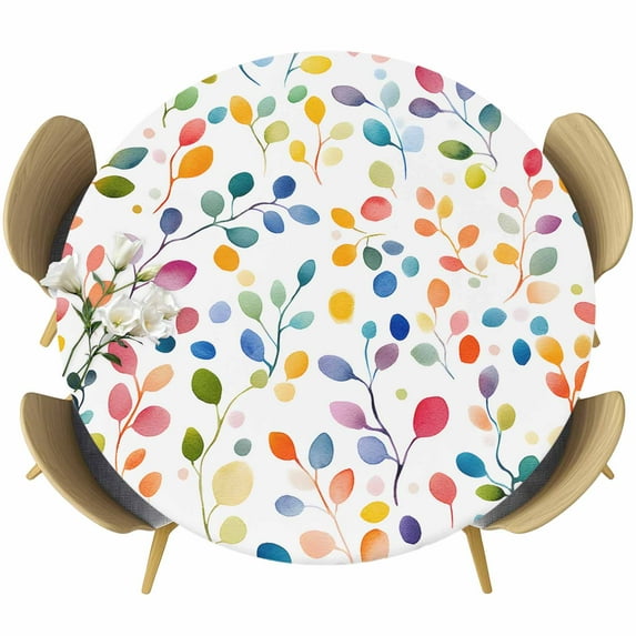 Colorful Leaves Fitted Tablecloth with Elastic Edged, Round Table Cloth for Dining Table, Modern Boho Painting Plant Branch Waterproof Oil Proof Table Cover for Indoor Outdoor 45"-54"