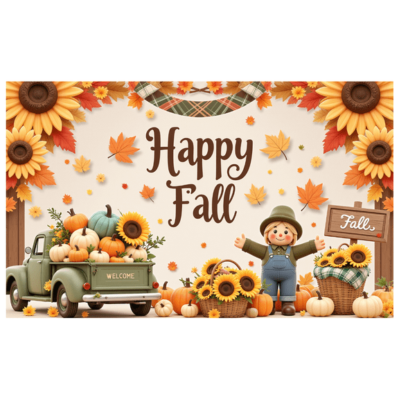 Colorful Leaves Happy Fall y'all Pumpkins Vintage Truck Sunflowers Autumn Harvest Banner for Thanksgiving Decoration Seasonal Party Indoor Outdoor