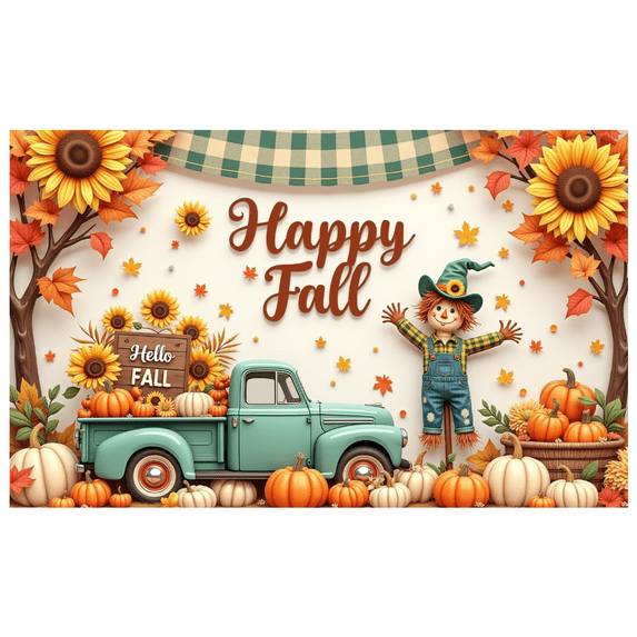 Colorful Leaves Happy Fall y'all Pumpkins Vintage Truck Sunflowers Autumn Harvest Banner for Thanksgiving Decoration Seasonal Party Indoor Outdoor