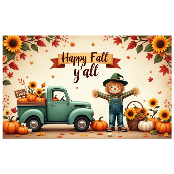 Colorful Leaves Happy Fall y'all Pumpkins Vintage Truck Sunflowers Autumn Harvest Banner for Thanksgiving Decoration Seasonal Party Indoor Outdoor