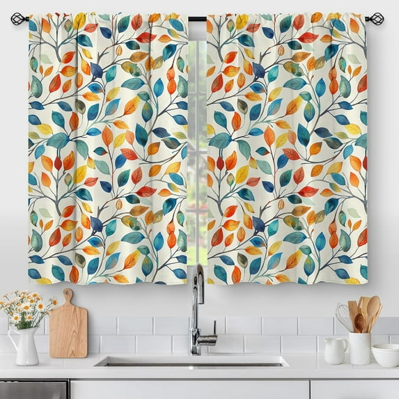 Colorful Leaves Kitchen Curtains - Floral Spring Botanical Tier Cafe Curtains Farmhouse Country Small Window for Bathroom Living RV Rod Pocket Window Drapes 36 Inch 2 Panels Set 28 "x36