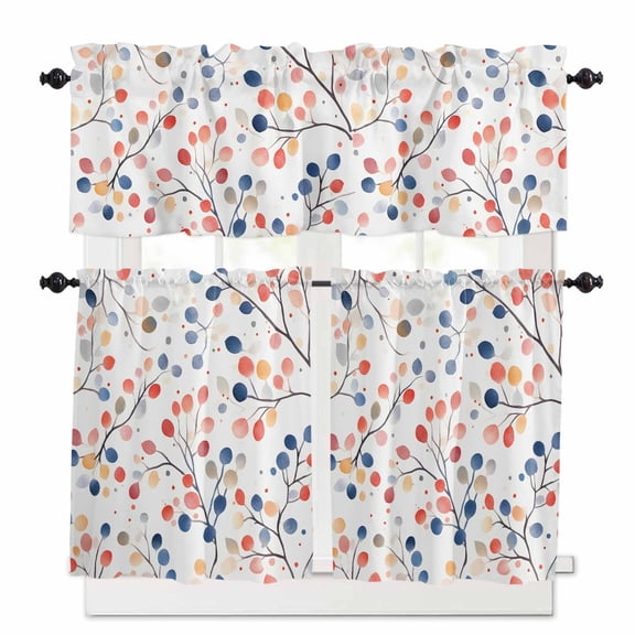 Colorful Leaves Kitchen Curtains and Valances Set, Blue Red Leaf Pastoral Style Rod Pocket Window Valance 18 Inch Window Curtain Panels for Living Room Bedroom Laundry, 27.5x36in, 3 Pieces