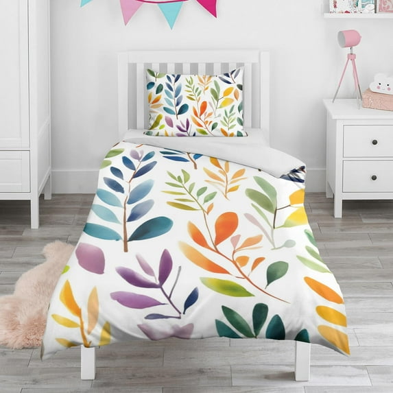 Colorful Leaves Pattern Duvet Cover and Pillowcase Set for Single Bedding, Bedroom Accessories for Kids Teens