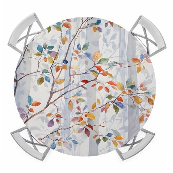 Colorful Leaves Round Tablecloth for 36-44 Inch Tables,Fitted Table Cover with Elastic Edge,Modern Abstract Spring Nature Tree Branch Waterproof Outdoor Table Cloth Protector for Patio Garden Dinner