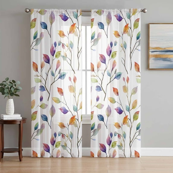 Colorful Leaves Sheer Curtains 84 Inches Long, Farmhouse Branches Botanical Light Filtering Window Curtains for Living Room/Bedroom, Rod Pocket Voile Sheer Curtain Drapes, 52"W x 84"L, 2 Panels