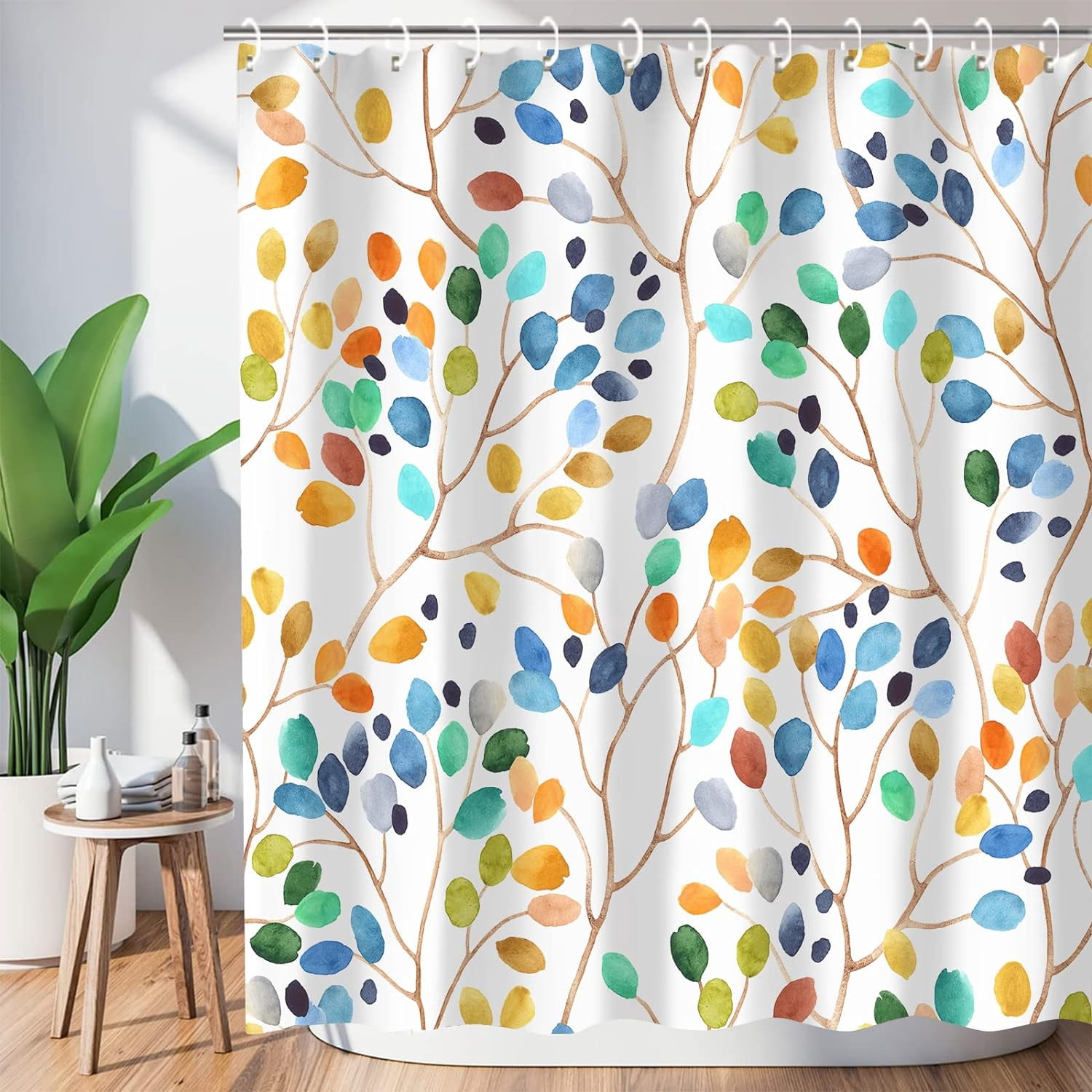 Colorful Leaves Shower Curtain Watercolor Floral Shower Curtains Set ...