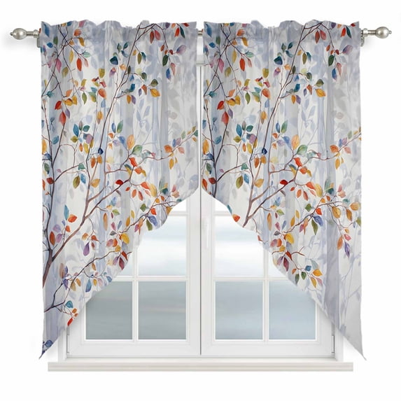 Colorful Leaves Swag Valances for Windows, Kitchen Curtains 36 Inch Length 2 Panels Set, Modern Abstract Spring Nature Tree Branch Short Curtains for Small Windows Rod Pocket Cafe Curtains 28"x36"