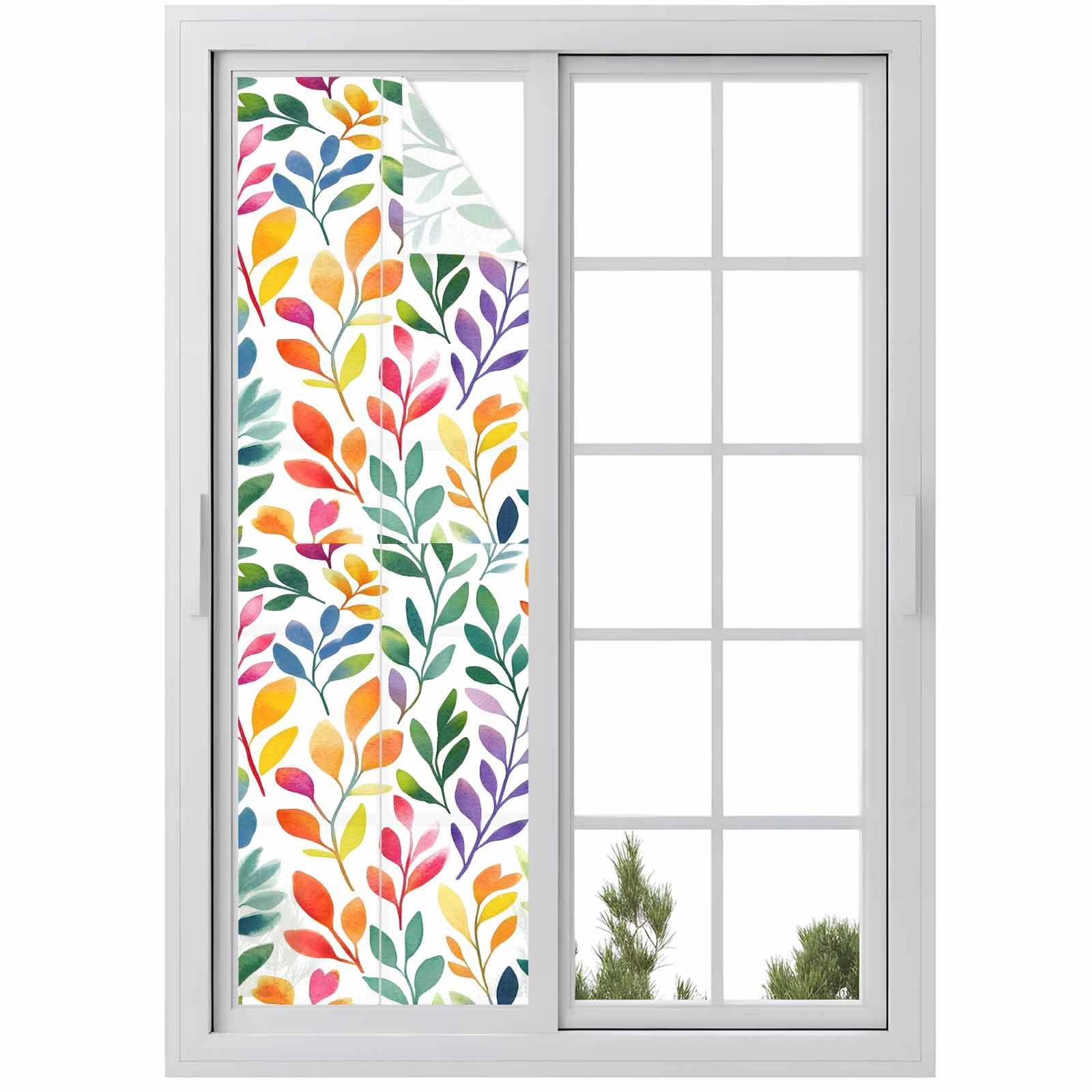 Colorful Leaves Window Privacy Film, Watercolor Leaf Frosted Glass ...