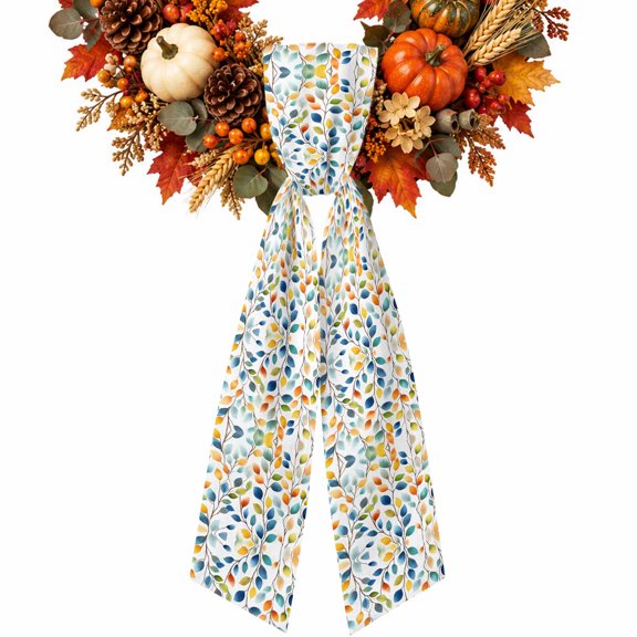 Colorful Leaves Wreath Sash for Front Door Fall Pastoral Eucalyptus Leaf Branch Ribbon Sash, Autumn Wreath Accessories for Yard Porch Doorway Decor , Indoor Outdoor, 4.9 x 56 Inches