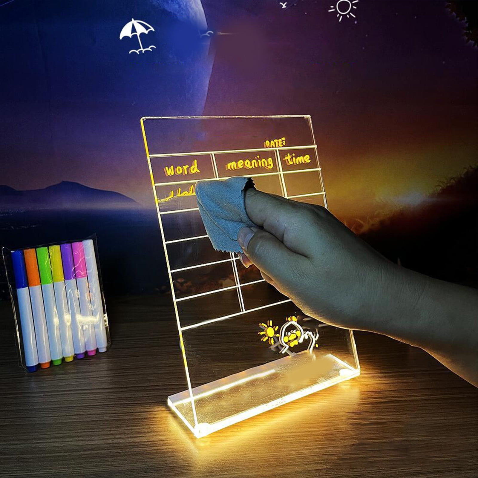Pizarra Acrílica Luminosa LED 30x20 Cm | Con 7 Colores De Luz Y Bolígrafos | Para Oficina, Casa O Escuela