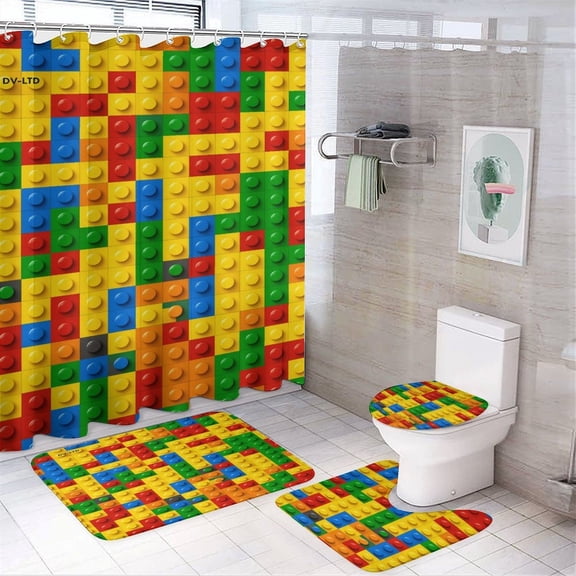 Colorful Lego Pattern Background Design Shower Curtain Bathroom Sets Toilet Lid Rug, Bath Mat And Contour Mat 4Pcs