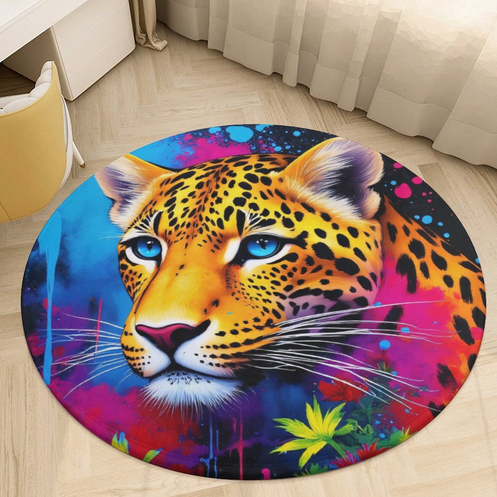 Colorful Leopard Floral Print Round Area Rugs for Bedroom Living Room ...
