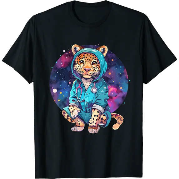 Colorful Leopard Healthcare T-Shirt for Nurses with Cosmic Design