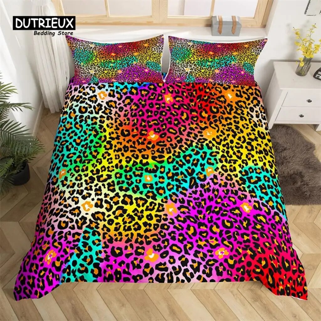 Colorful Leopard Print Duvet Cover Wild Animal Bedding Set Microfiber