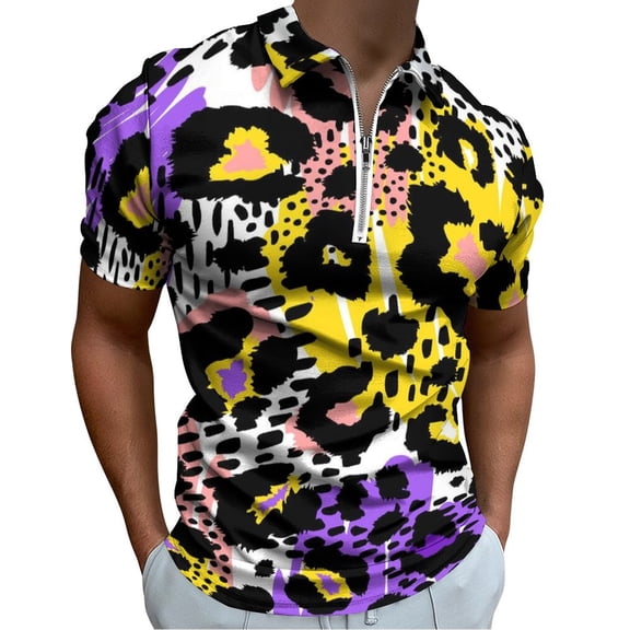 Colorful Leopard Print Men Zipper T-shirt Summer Casual Short Sleeve T-shirt Top