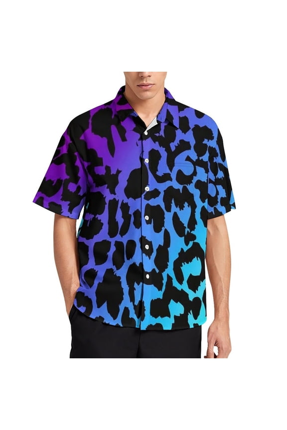 Colorful Leopard Print Men's Short Sleeve Button Up Shirts Casual Regular-Fit Beach Summer Tops M-4XL