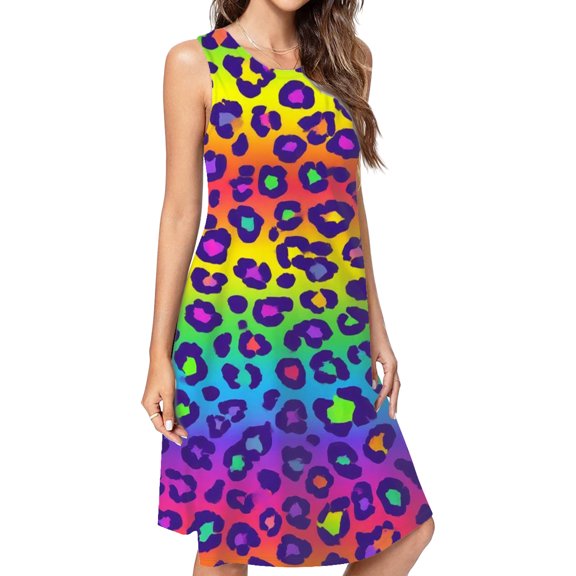 Colorful Leopard Print Pattern Casual Sleeveless Loose Sundress Dress For Women Summer Dress Daily Woman