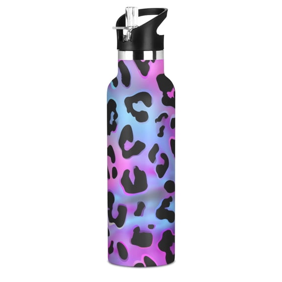 Colorful Leopard Print Pattern Sport Water Bottle for Kids Insulated with Straw for School Outdoor Daily Use