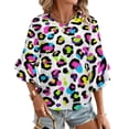 thumbnail image 1 of Colorful Leopard Print Pattern Women's V-Neck Blouse With 3/4 Ruffled Bell Sleeves Casual Top Ladies Blouses, 1 of 7