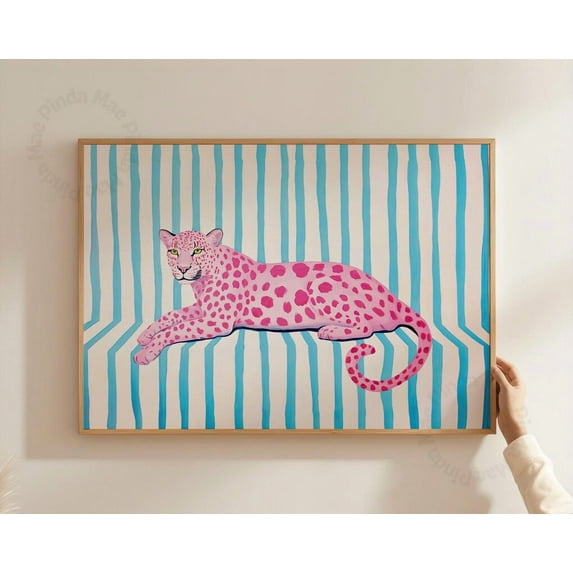 Colorful Leopard Print, Preppy Pink Animal Poster, Funky Dorm Wall Art, Girly Room Decor, Blue Stripes College Art, Trendy Leopard Painting ,Decor For Living Room Bedroom, 16x24 UNFRAMED
