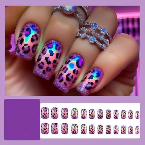 Colorful Leopard Print Press on Nails Art Set - 24 Reusable Short Square Nail Patches with Gradient Diamond Design