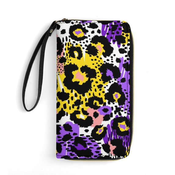 Colorful Leopard Print Wallet for Womens PU Leather Zip Around Wallers Clutch Wristlet Travel Long Purse