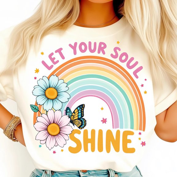 Colorful Let Your Soul Shine Rainbow Shirt, Floral Butterfly Art, Positive Vibes Tee, Inspirational Rainbow Decor Shirt
