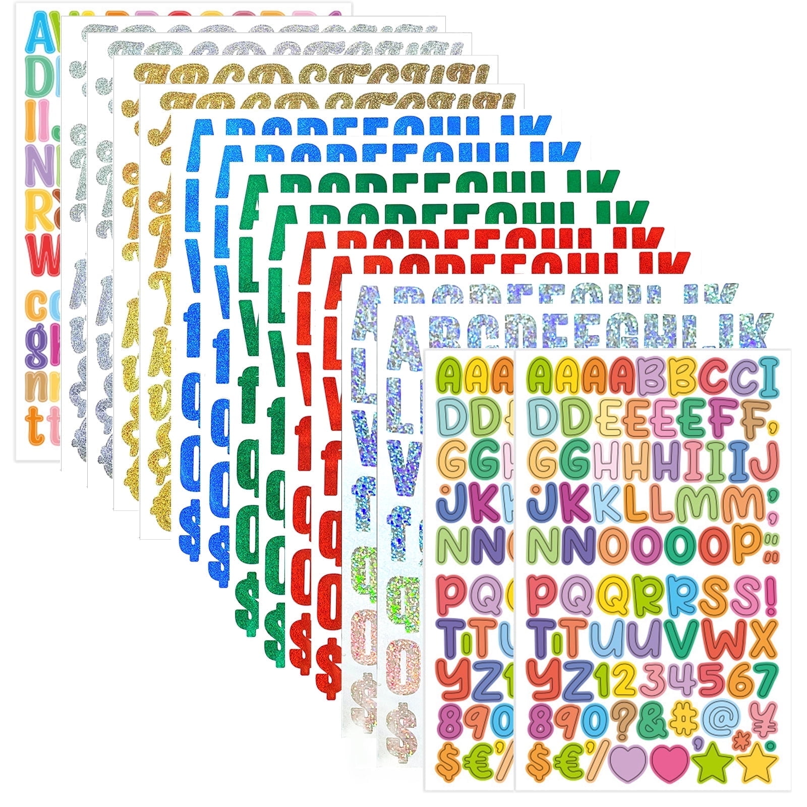Colorful Letter Stickers - 1232 Pieces of Digital and Letter Laser Stickers, Used for DIY Water Bottle Graduation Cap Handicrafts, Mailbox Signs