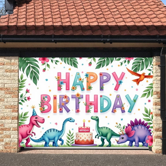 Colorful Letters Banner Dinosaur Pattern Floral Birthday Backdrop Floral Decor Cartoon Style Dino Party Backdrop for Kids Birthday Party Indoor Decoration Photo Prop
