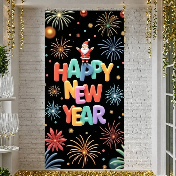 Colorful Letters Happy New Year Banner Santa Claus Design New Year Display Firework Pattern Festive Holiday Backdrop for New Year Party Christmas Celebration Indoor Decoration